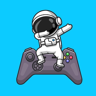 Cute astronaut dabbing on game controller cartoon vector icon illustration. technology recreation icon concept isolated premium vector. flat cartoon style