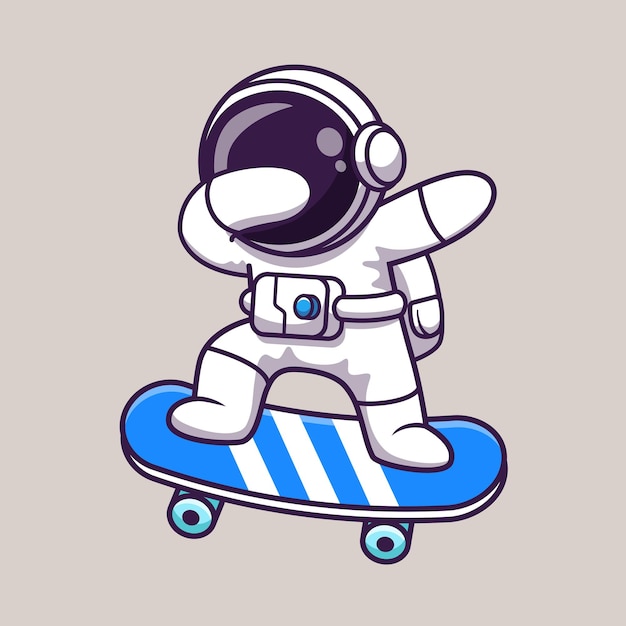 Симпатичный астронавт, вытирающий векторную икону на скейтборде. Научная спортивная икона изолирована