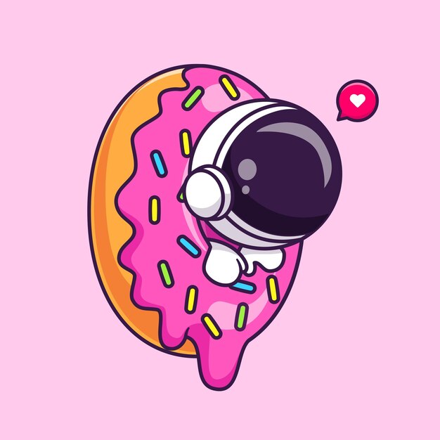 Cute Astronaut In Donut Strawberry Cartoon Vector Icon Illustration Science Food Icon Isolated