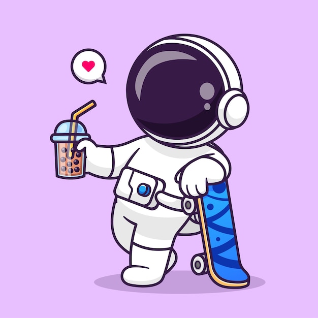 かわいい宇宙飛行士はスケートボードでボバミルクティーを飲む漫画ベクトルアイコンイラストサイエンスドリンク