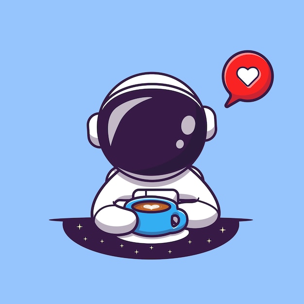 Cute Astronaut Drinking Coffee Cartoon Vector Icon Illustration. Science Food And Drink Icon 