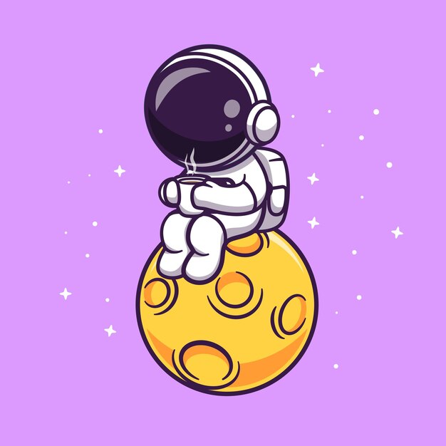 Cute Astronaut Drinking Coffee On Moon Cartoon Vector Icon Illustration. Science Drink Isolated Flat