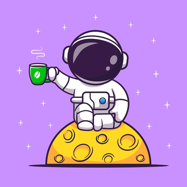 공간 만화 벡터 아이콘 그림에서 달에 커피를 마시는 귀여운 우주 비행사. 과학 음료 아이콘