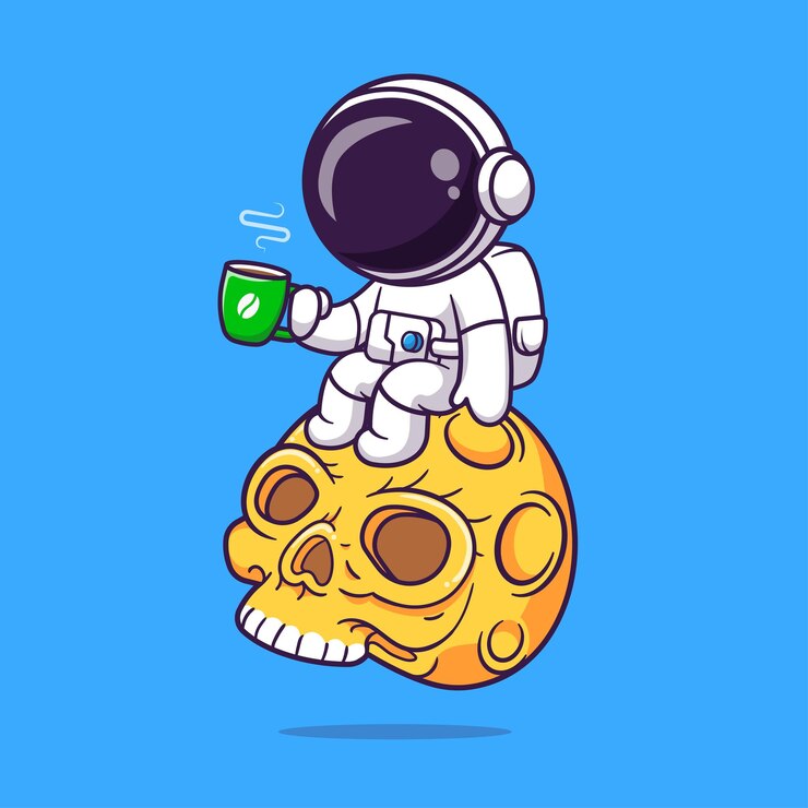 मुफ़्त वेक्टर cute astronaut drinking coffee on skull moon cartoon vector icon illustration science drink flat