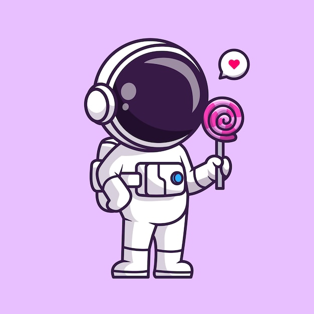 롤리팝 사탕을 먹는 귀여운 우주 비행사 만화 벡터 아이콘 일러스트 레이 션 과학 음식 아이콘 절연