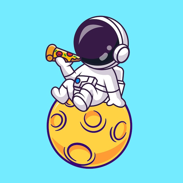 Cute Astronaut Eating Pizza On Moon Cartoon Vector Icon Illustration Science Food Icon Isolated Flat