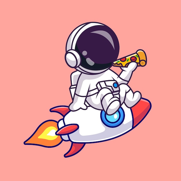 Vettore gratuito simpatico astronauta che mangia pizza su rocket cartoon vector icon illustration scienza cibo isolato piatto