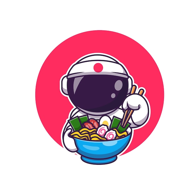 Милый космонавт ест рамэн мультяшный. Концепция значок пищи науки изолированы. Плоский мультяшном стиле