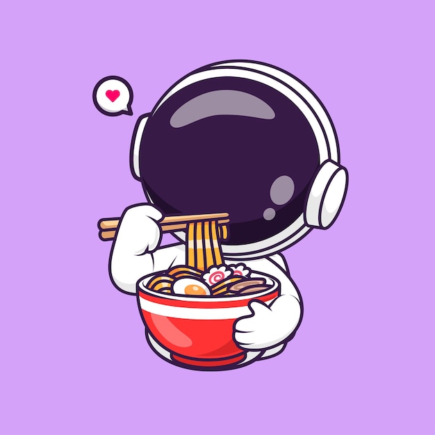 Cute astronaut eating ramen noodle cartoon vector icon illustration science food icon isolated flat