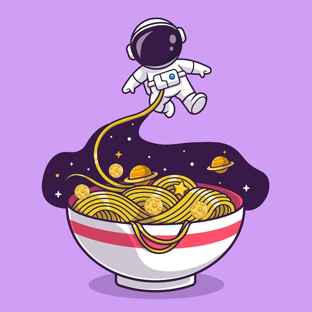 Simpatico astronauta che mangia ramen noodle space cartoon vector icon illustration. icona cibo scienza piatto