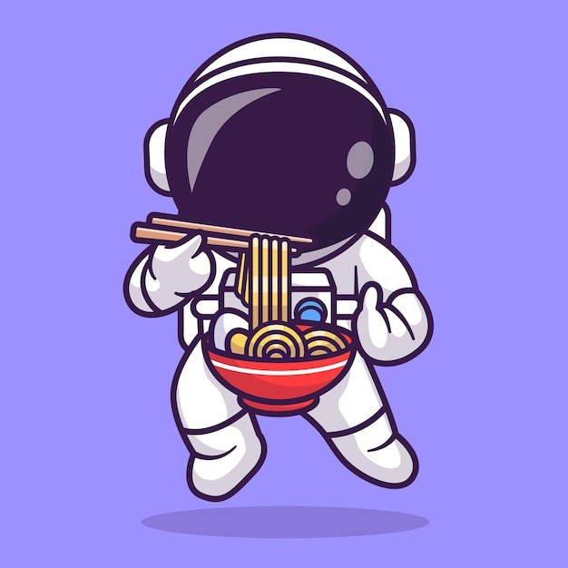 かわいい宇宙飛行士がコップスティックでラーメンを食べる漫画ベクトルアイコンイラスト科学食品アイコン