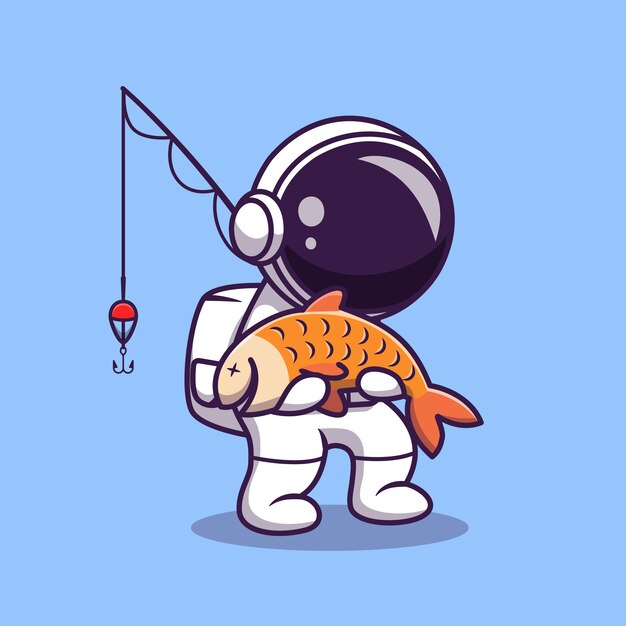 Cute Astronaut Fishing Cartoon Illustration. Science Sport Concept