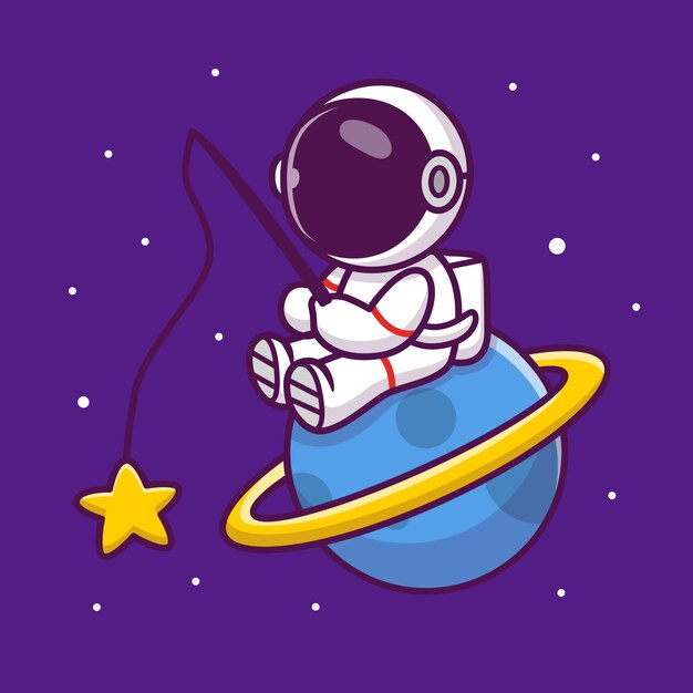 惑星漫画アイコンイラストのかわいい宇宙飛行士フィッシングスター 人科学空間アイコンコンセプト分離プレミアム フラット漫画スタイル プレミアムベクター