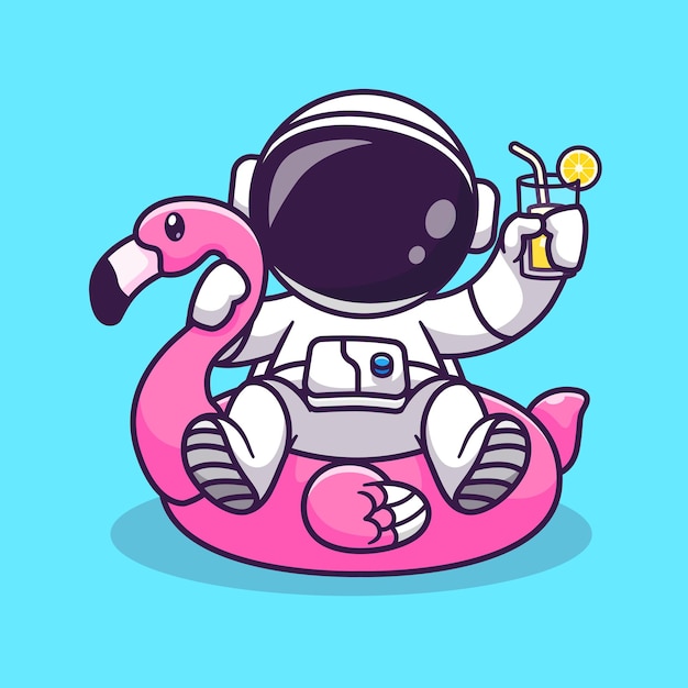 Cute Astronaut On Flamingo Swimming Tires And Orange Juice Cartoon Vector Icon Illustration Science