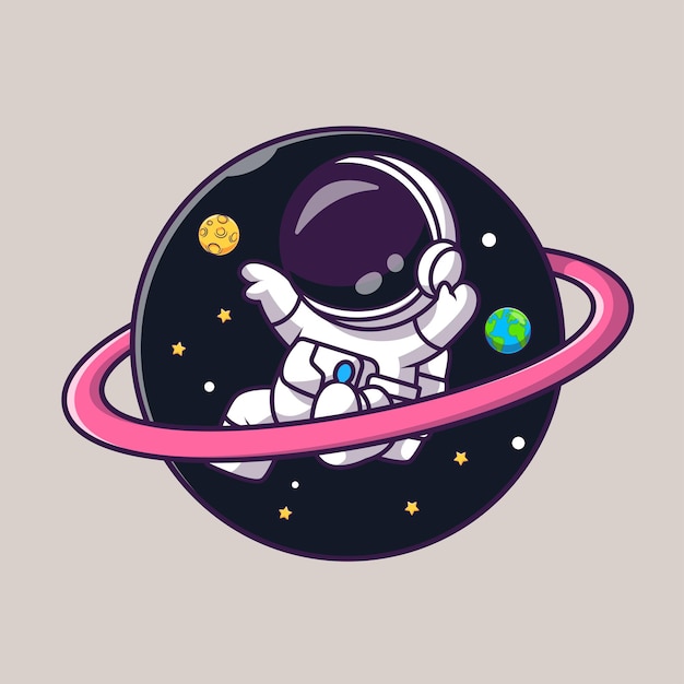 Free vector cute astronaut floating in planet space cartoon vector icon illustration. science technology flat