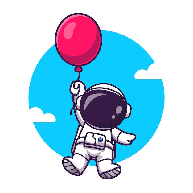 風船漫画ベクトルアイコンイラストで浮かぶかわいい宇宙飛行士。科学技術アイコンの概念分離プレミアムベクトル。フラット漫画スタイル