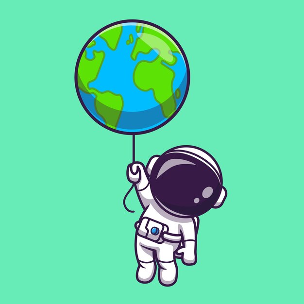 지구 세계 풍선 만화 벡터 아이콘 일러스트와 함께 떠있는 귀여운 우주 비행사. 과학 기술 아이콘 개념 절연 프리미엄 벡터입니다. 플랫 만화 스타일.