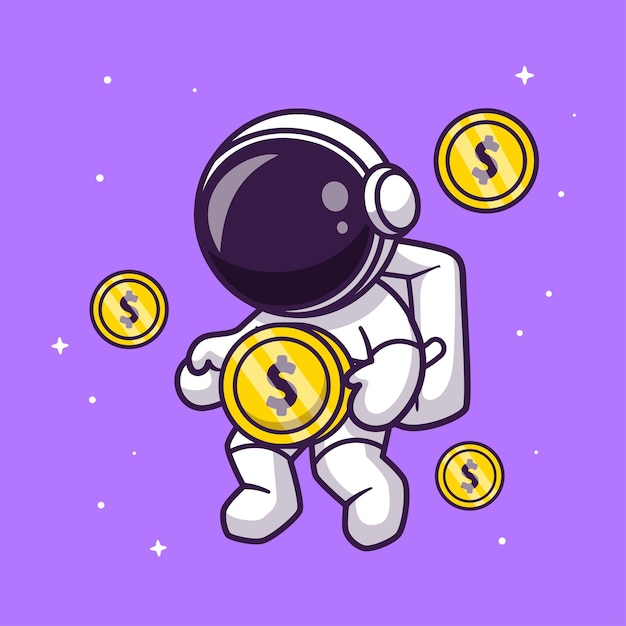 Милый астронавт, плавающий с золотой монетой Мультфильм Векторная икона Иллюстрация Наука Финансы Изолированные