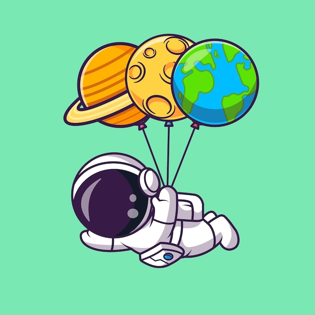 Free vector cute astronaut floating with planet balloon cartoon vector icon illustration science technology flat