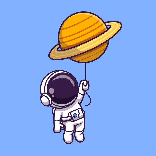 공간 만화 벡터 아이콘 그림에서 행성 풍선과 함께 떠있는 귀여운 우주 비행사. 기술 과학 아이콘 개념 절연 프리미엄 벡터입니다. 플랫 만화 스타일