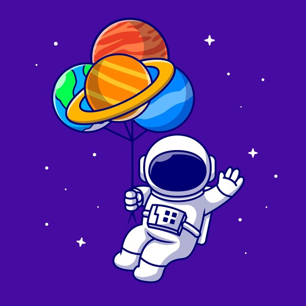 宇宙漫画アイコンイラストで惑星風船と浮かぶかわいい宇宙飛行士。分離された技術科学アイコン。フラット漫画スタイル