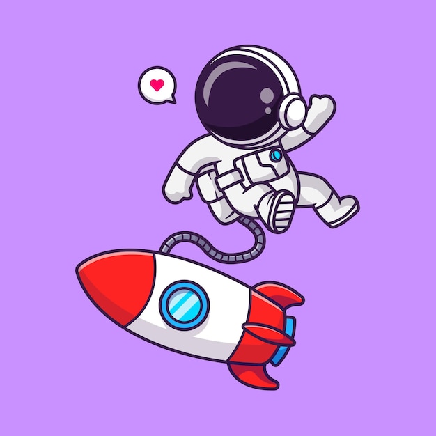 우주 만화 벡터 아이콘 그림 과학 기술에 로켓과 함께 떠 있는 귀여운 우주 비행사