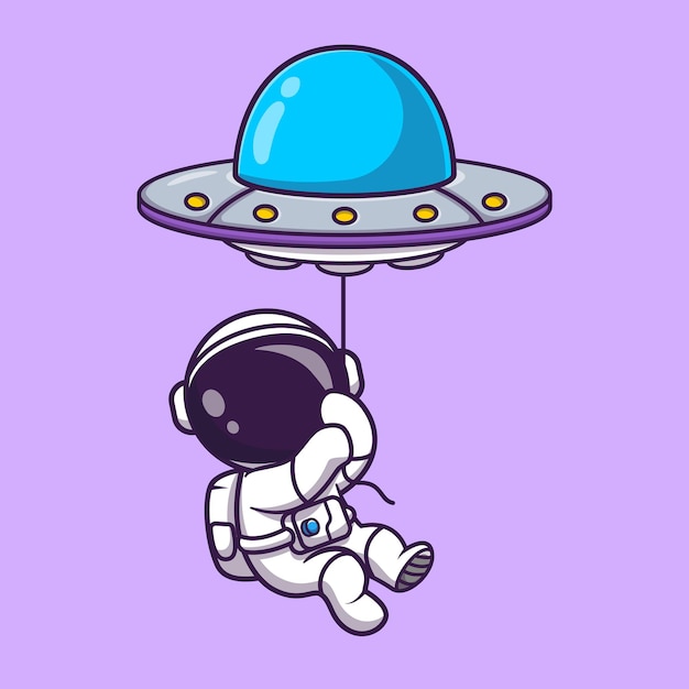 Cute Astronaut Floating With UFO Balloon Cartoon Vector Icon Illustration. Science Technology Icon Concept Isolated Premium Vector. Flat Cartoon Style
