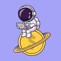 無料ベクター ラップトップ漫画ベクトル アイコン イラストに取り組んでいると浮かぶかわいい宇宙飛行士。科学技術