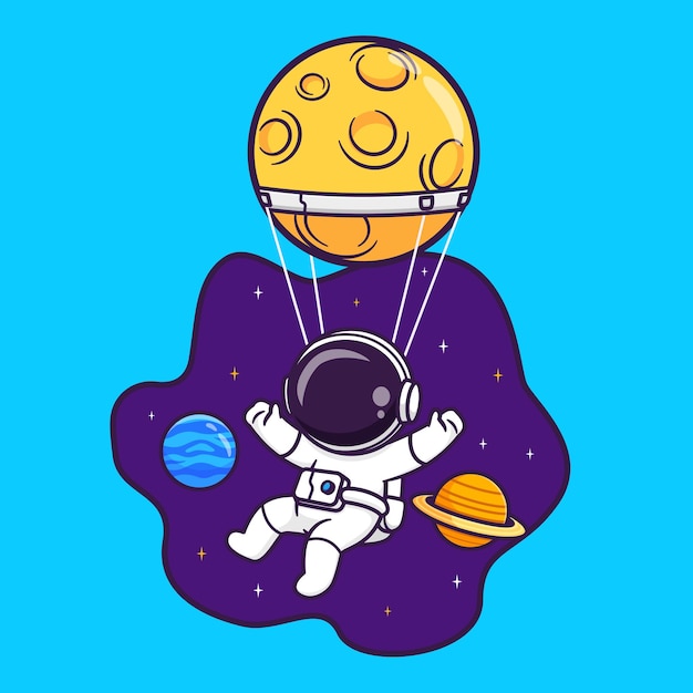 Carino astronauta che vola nello spazio con la mongolfiera luna cartoon icona vettore illustrazione scienza
