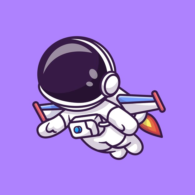 ロケットで飛んでいるかわいい宇宙飛行士漫画ベクトルアイコンイラスト科学技術アイコンの概念