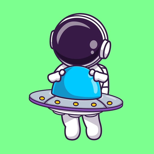 Cute Astronaut Flying With Ufo Alien Cartoon Vector Icon Illustration Science Technology Isolated