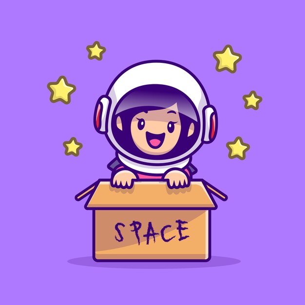 Free Vector cute astronaut girl in box cartoon illustration. people technology icon concept