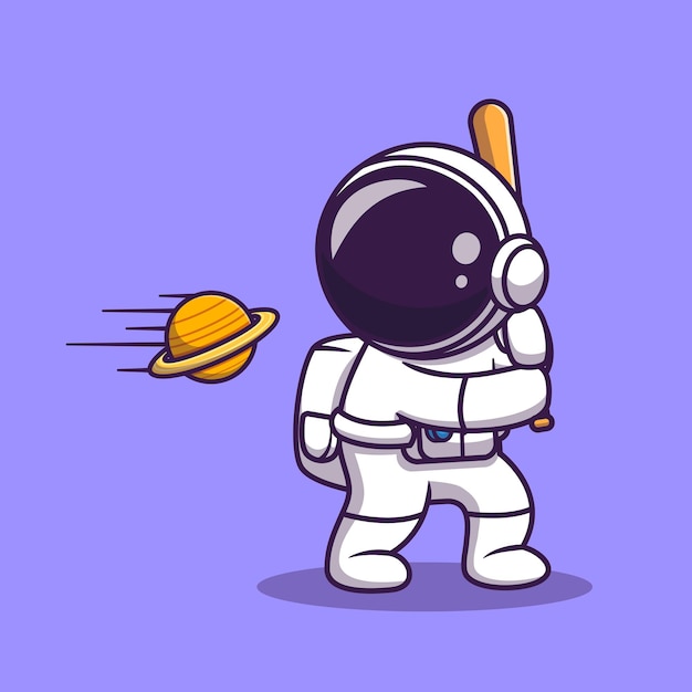 かわいい宇宙飛行士が野球の棒の漫画で惑星ボールを打つ