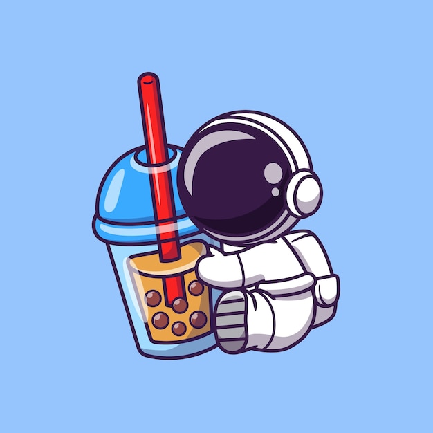 보바 우유 차 만화 벡터 아이콘 그림을 들고 귀여운 우주 비행사. 우주 음식과 음료 아이콘