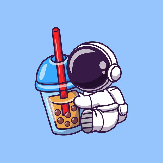 Симпатичный астронавт держит чай с молоком Боба мультяшный вектор значок иллюстрации. Космическая еда и напитки значок