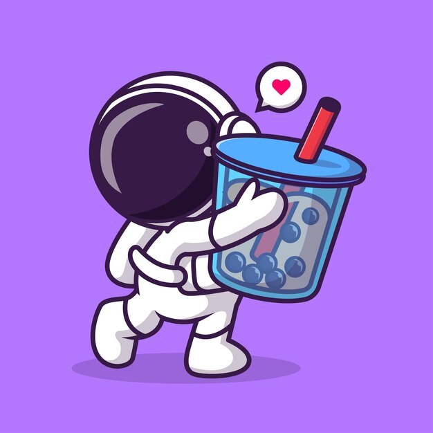 보바 우유 차 음료 만화 벡터 아이콘 일러스트 레이 션 과학 기술을 들고 귀여운 우주 비행사