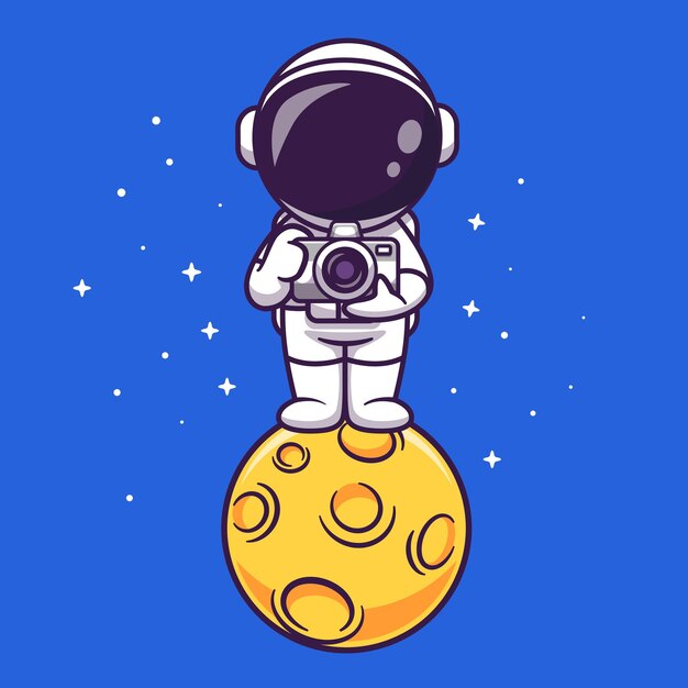 달 만화 벡터 아이콘 그림에 카메라를 들고 귀여운 우주 비행사. 고립 된 과학 기술