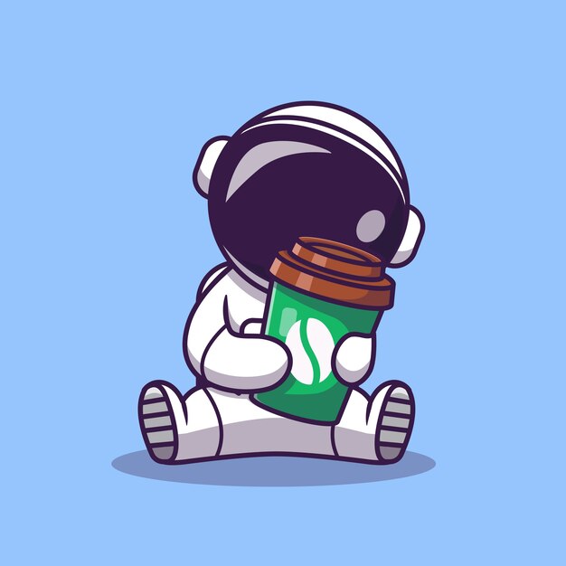 Cute Astronaut Holding Coffee Cup Cartoon Illustration. Science Food And Drink Icon Concept. Flat Cartoon Style