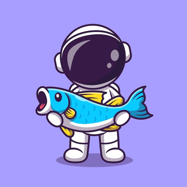 Cute astronaut holding fish cartoon vector icon illustration science animal icon concept isolated