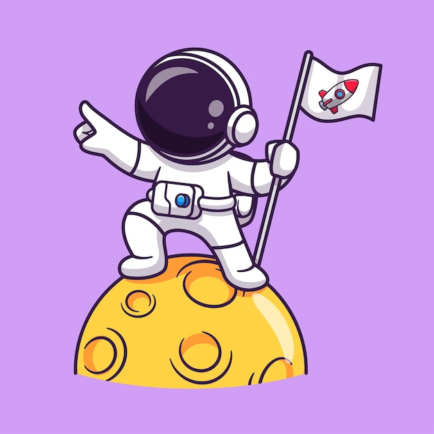 月に旗を保持しているかわいい宇宙飛行士漫画ベクトルアイコンイラスト科学技術アイコンコンセプト分離プレミアムベクトル。フラット漫画スタイル