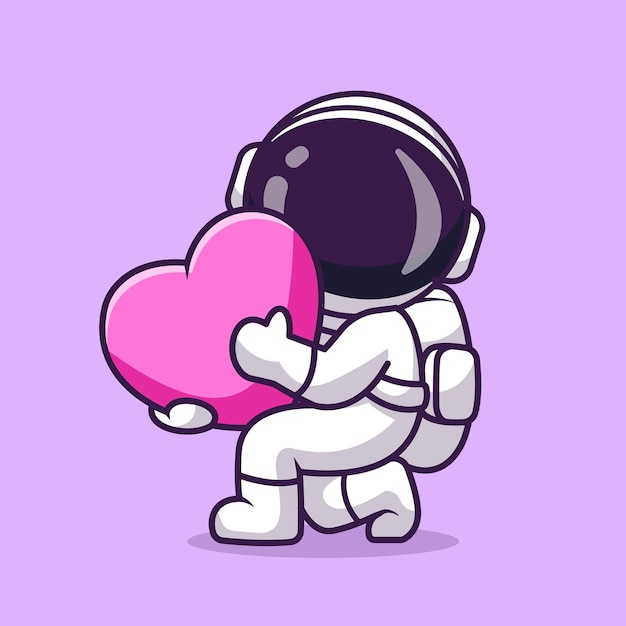 Симпатичный астронавт, держащий векторную икону мультфильма "Сердце любви". Изолированная плоская икона любви к науке