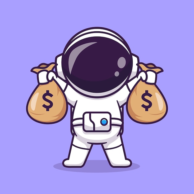 Бесплатное векторное изображение Милый астронавт холдинг денежный мешок мультфильм вектор икона иллюстрация науки бизнес икона изолированные