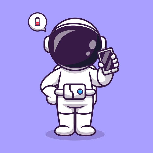 電話漫画ベクトルアイコンイラスト科学技術アイコンコンセプト分離プレミアムベクトルを保持しているかわいい宇宙飛行士。フラット漫画スタイル