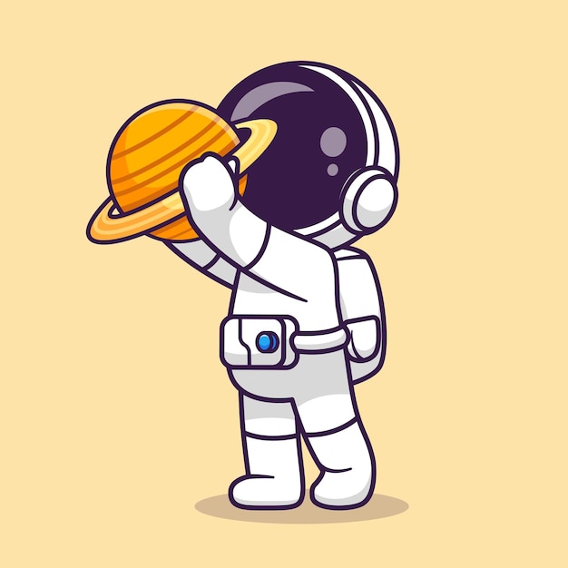 Cute astronaut holding planet cartoon vector icon illustration science technology icon isolated