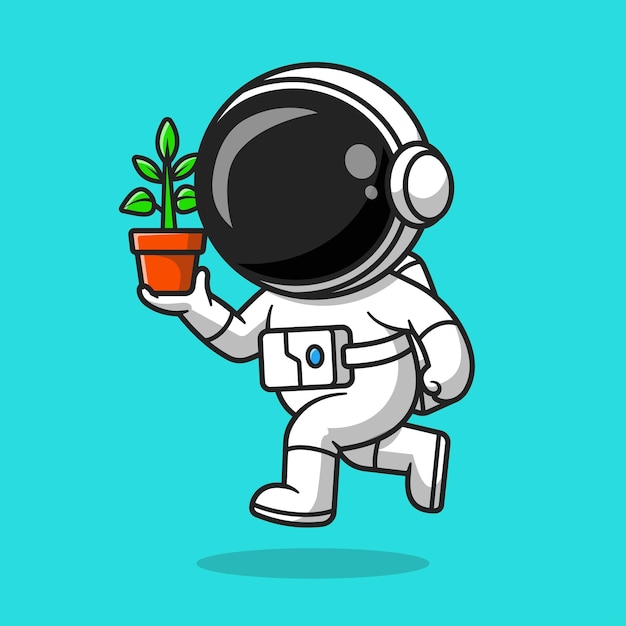 ポット漫画ベクトルアイコンイラストで植物を保持しているかわいい宇宙飛行士。テクノロジーネイチャーアイコンコンセプト分離プレミアムベクトル。フラット漫画スタイル