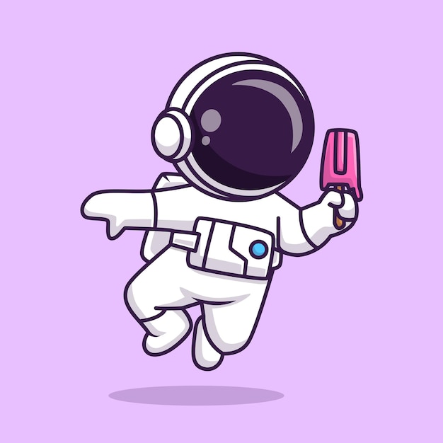Cute Astronaut Holding Popsicle Ice Cream Cartoon Vector Icon Illustration Science Food Isolated