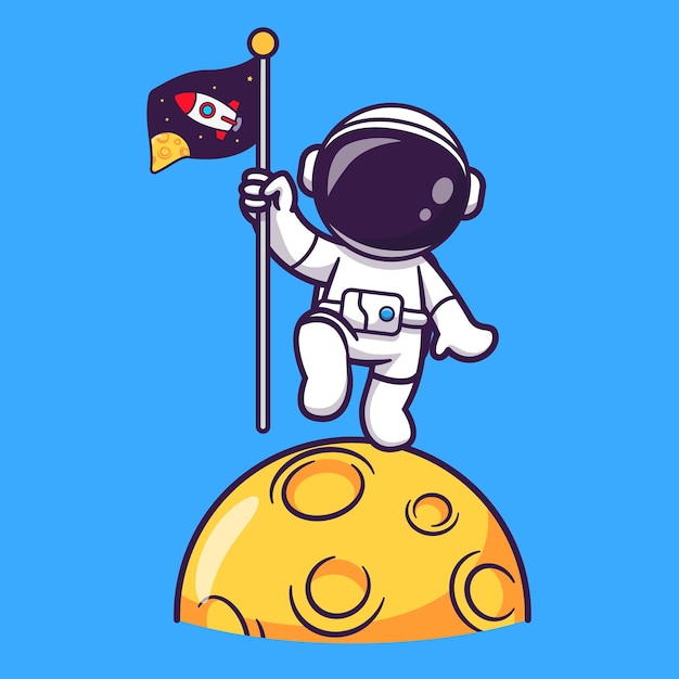 달 만화 벡터 아이콘 그림에 로켓 플래그를 들고 귀여운 우주 비행사. 과학 기술 아이콘