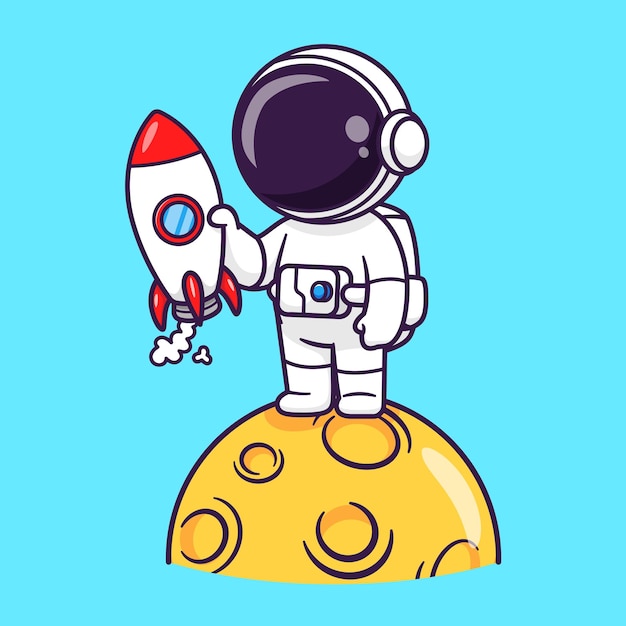 Cute Astronaut Holding Rocket On Moon Cartoon Vector Icon Illustration Science Technology Isolated