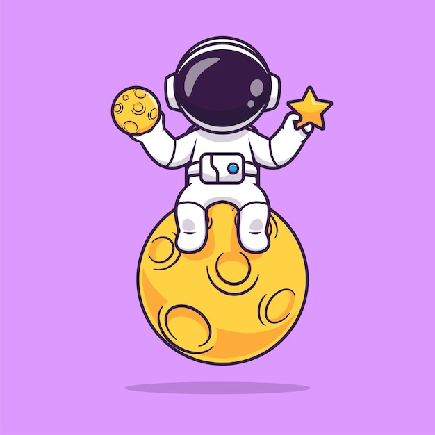 Vettore gratuito simpatico astronauta che tiene la stella e la luna sulla luna cartoon vector icon illustration science technology