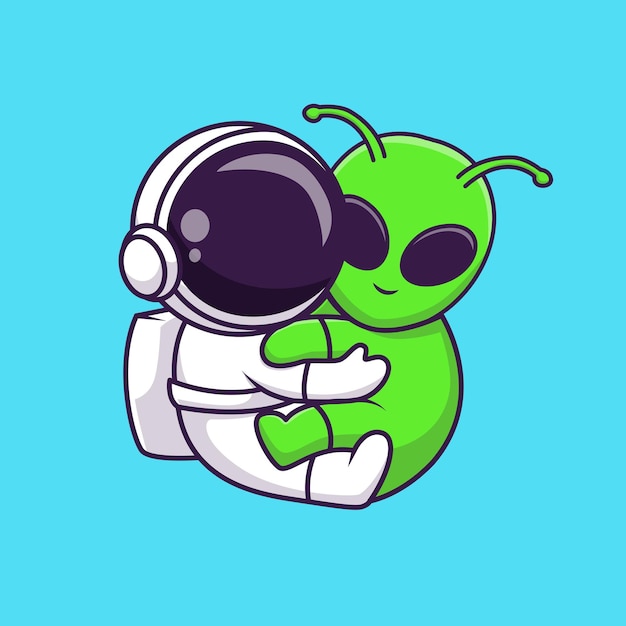 Cute astronaut hug alien cartoon vector icon illustration, science technology icon concept isolated